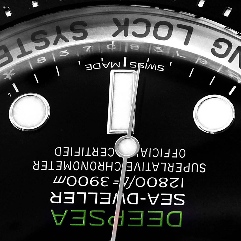 The image shows a close-up of the dial at an inverted angle, focusing on text, hour markers, and part of the bezel of the Rolex Sea-Dweller 116660 Men's Stainless Steel Blue Dial 116660 Men's Stainless Steel Blue Dial watch.