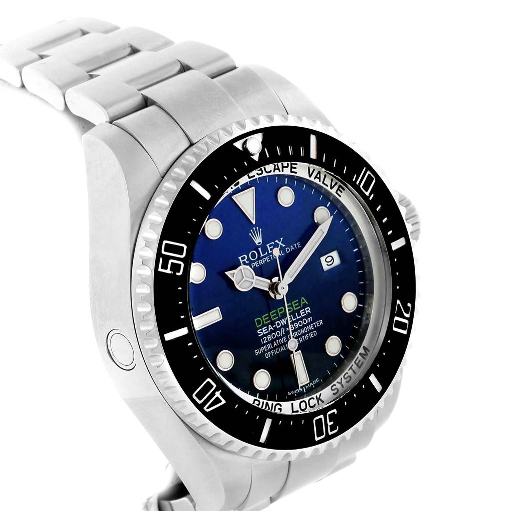 The image shows a side angle of the Rolex Sea-Dweller 116660 Men's Stainless Steel Blue Dial 116660 Men's Stainless Steel Blue Dial watch, highlighting its face, bezel, and part of the bracelet.