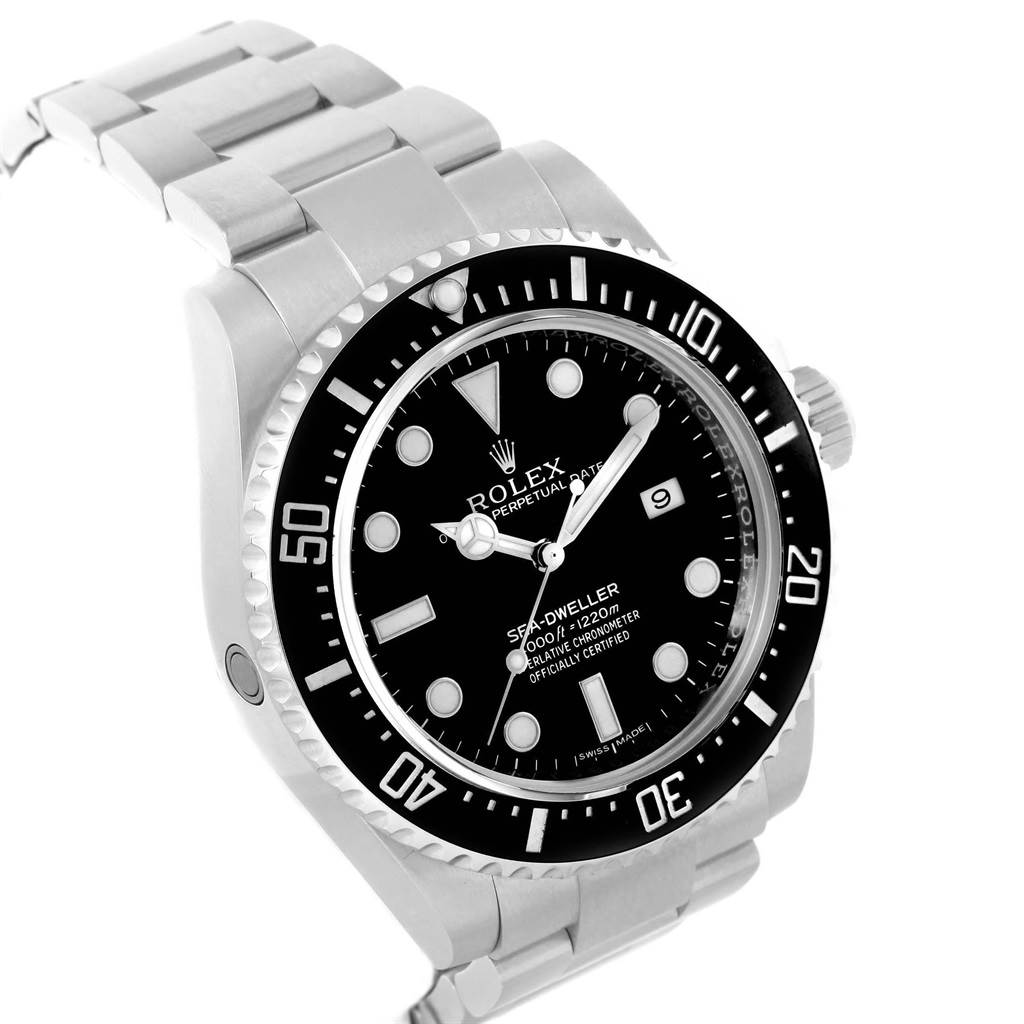 The image shows a Rolex Sea-Dweller 116600 Men's Stainless Steel Black Dial 116600 Men's Stainless Steel Black Dial watch at an angled view, highlighting its dial, bezel, crown, and stainless steel bracelet.