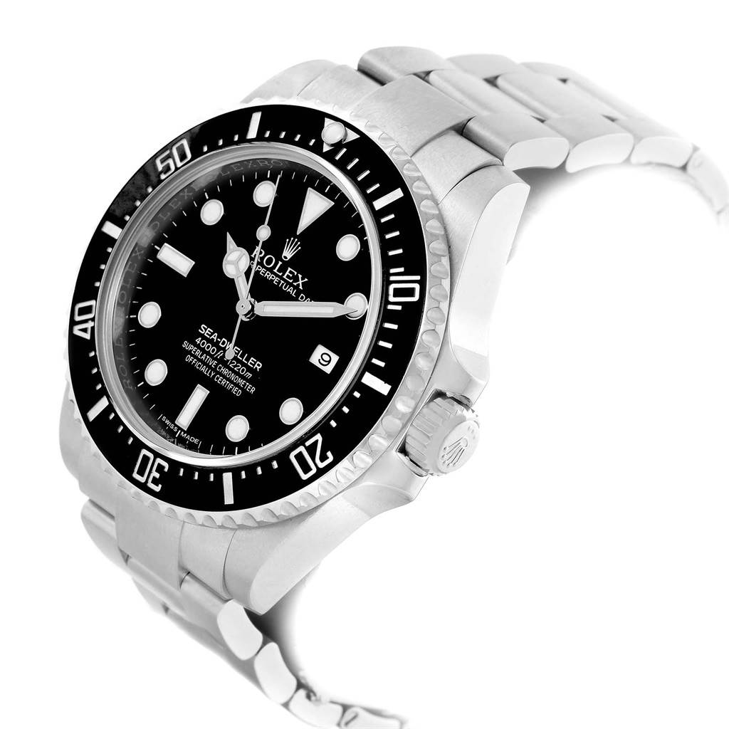 The image shows a Rolex Sea-Dweller 116600 Men's Stainless Steel Black Dial 116600 Men's Stainless Steel Black Dial watch from an angled side view, highlighting the face, bezel, crown, and bracelet.