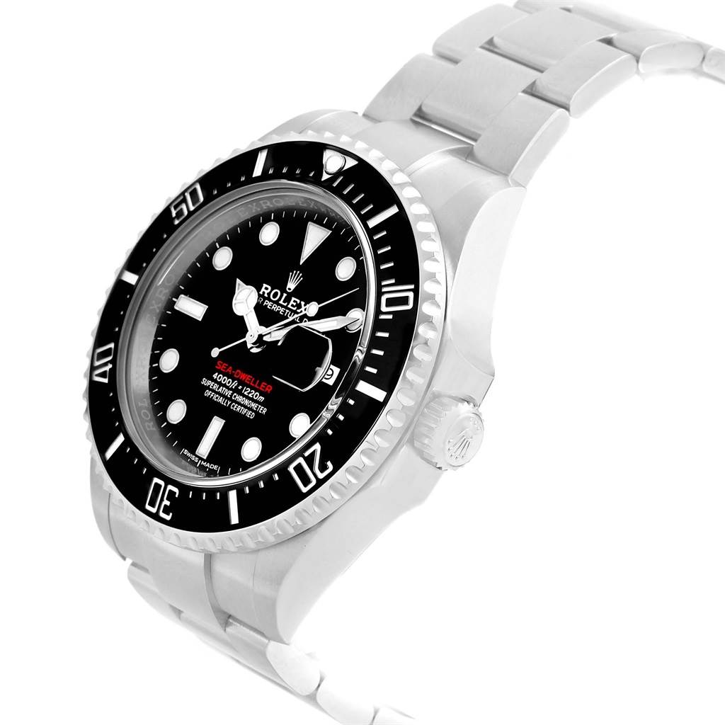 The image shows a Rolex Sea-Dweller 126600 Men's Stainless Steel Black Dial 126600 Men's Stainless Steel Black Dial watch from an angled side view, highlighting the bezel, dial, and part of the bracelet.