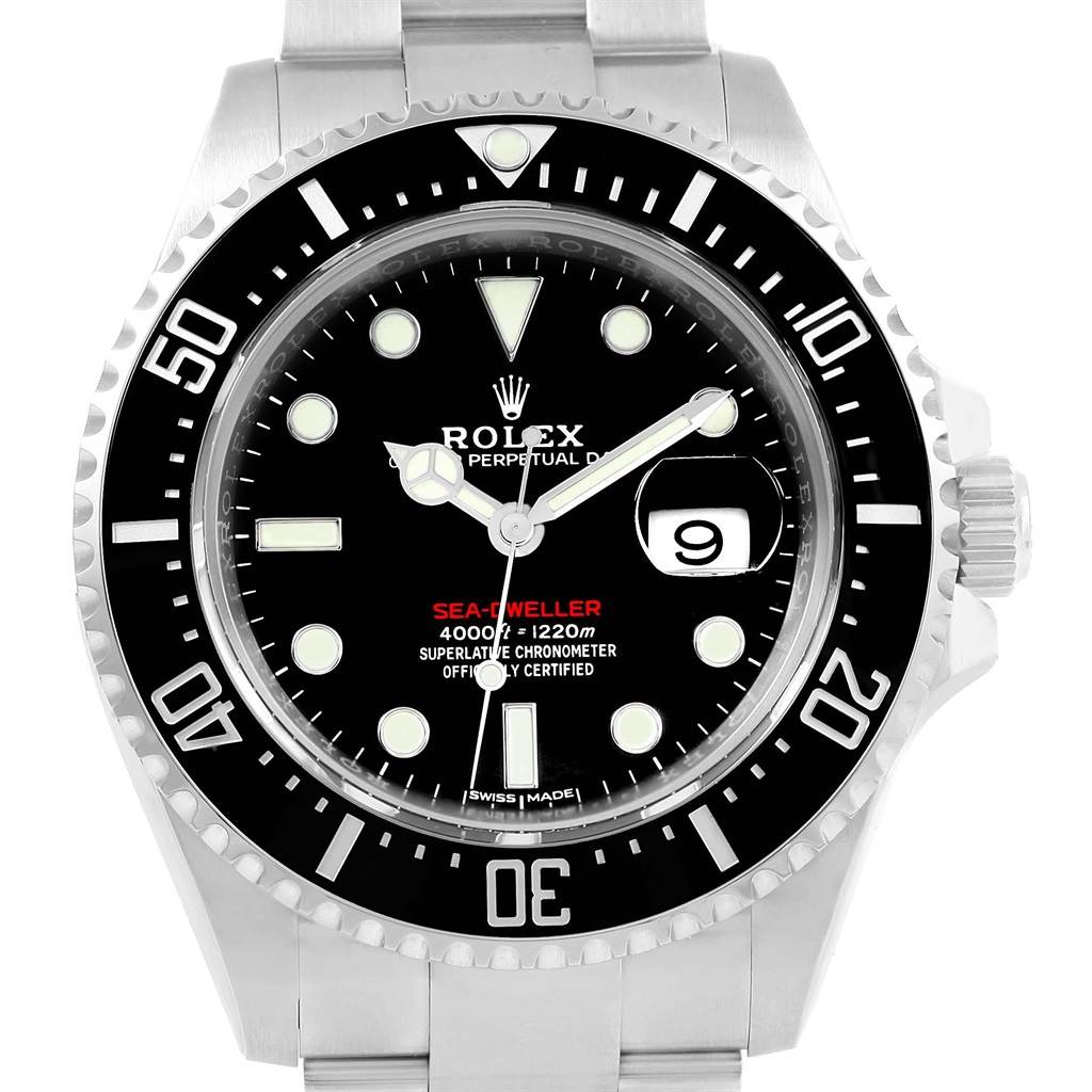 This image shows a front view of the Rolex Sea-Dweller 126600 Men's Stainless Steel Black Dial 126600 Men's Stainless Steel Black Dial watch, highlighting the dial, bezel, and date window.