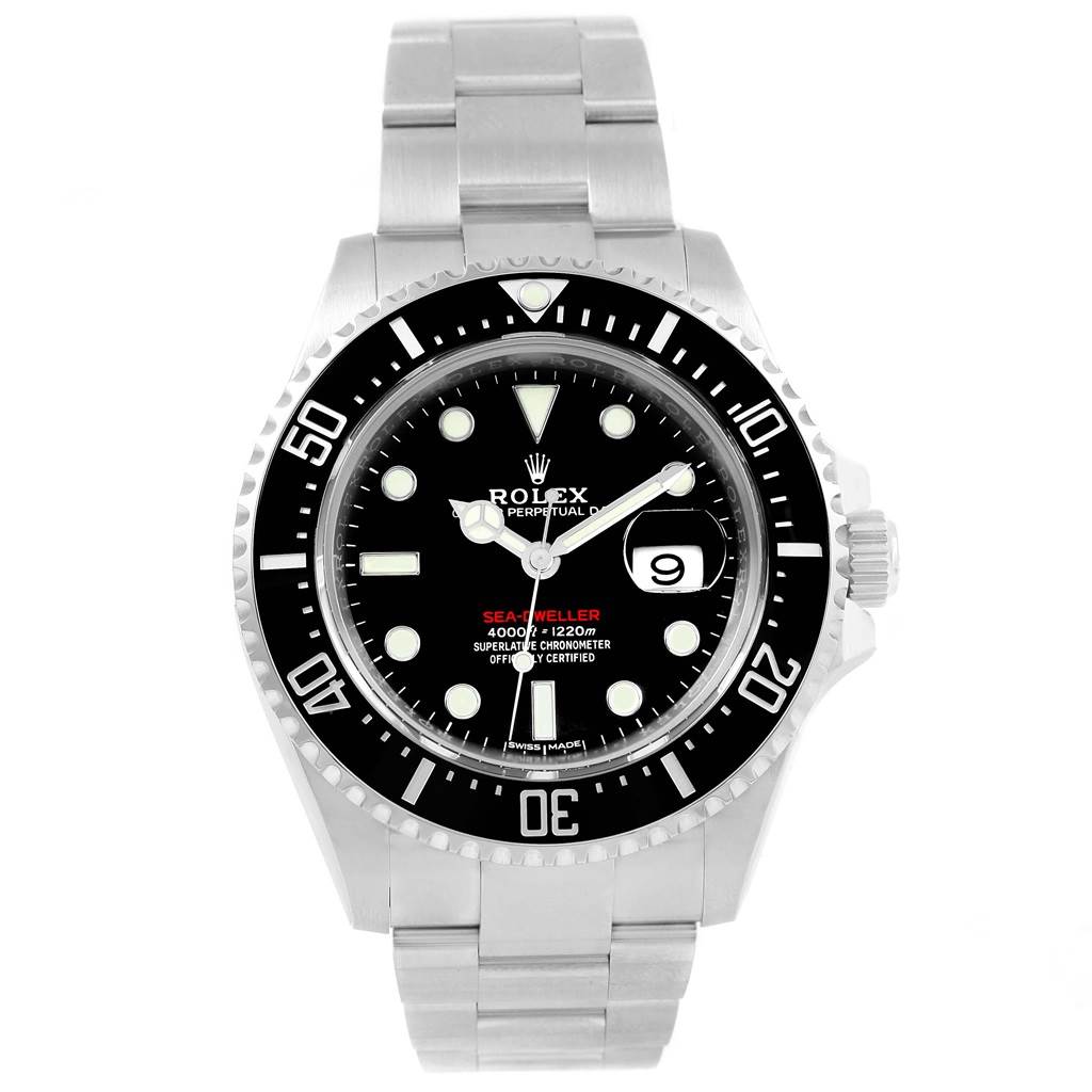 The Rolex Sea-Dweller 126600 Men's Stainless Steel Black Dial 126600 Men's Stainless Steel Black Dial watch is shown from the front displaying the dial, bezel, and bracelet.