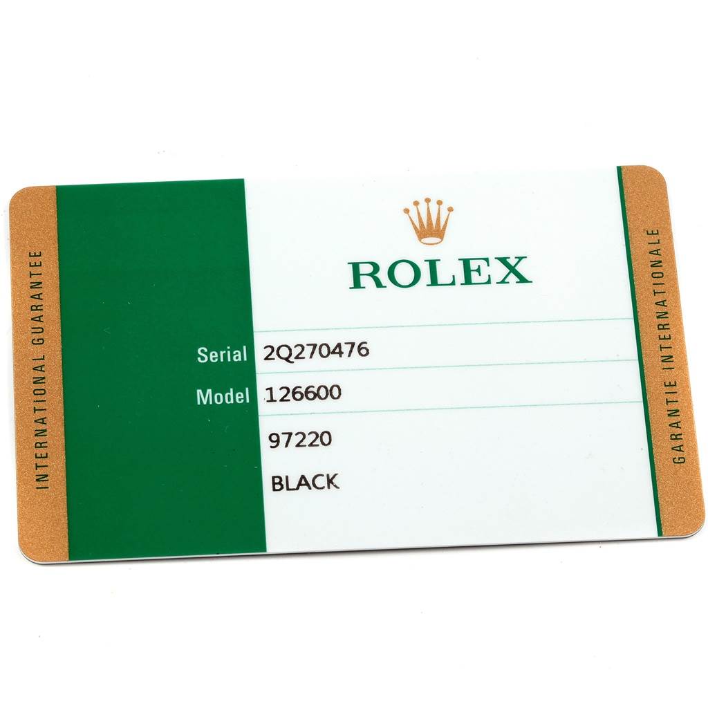 This image shows an international guarantee card for a Rolex Sea-Dweller 126600 Men's Stainless Steel Black Dial 126600 Men's Stainless Steel Black Dial model 126600.