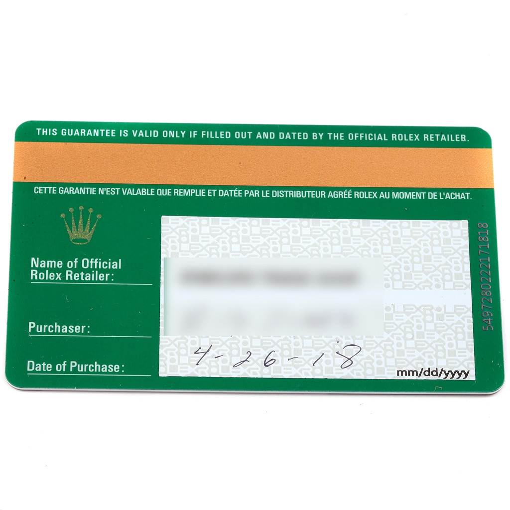 The image shows the warranty card for the Rolex Sea-Dweller 126600 Men's Stainless Steel Black Dial 126600 Men's Stainless Steel Black Dial watch, photographed from a top-down angle.