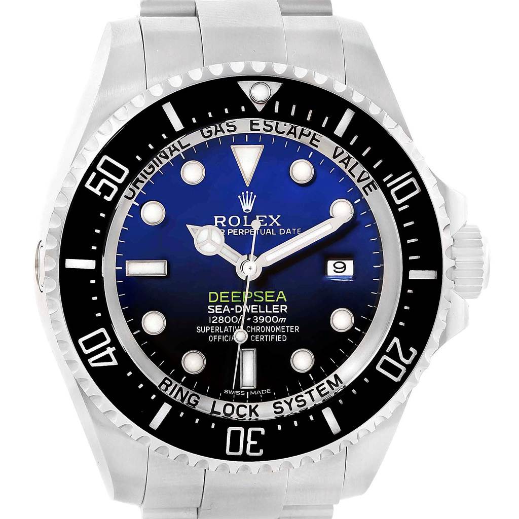 The image shows the front view of a Rolex Sea-Dweller 116660 Men's Stainless Steel Blue Dial 116660 Men's Stainless Steel Blue Dial watch, highlighting its dial, bezel, and strap.