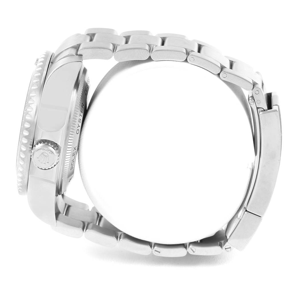 This side view shows the crown and bracelet of the Rolex Sea-Dweller 116660 Men's Stainless Steel Blue Dial 116660 Men's Stainless Steel Blue Dial watch.