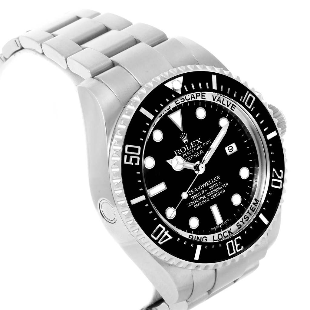 The image shows a Rolex Sea-Dweller 116660 Men's Stainless Steel Black Dial 116660 Men's Stainless Steel Black Dial watch at an angle highlighting the face, bezel, and part of the bracelet.