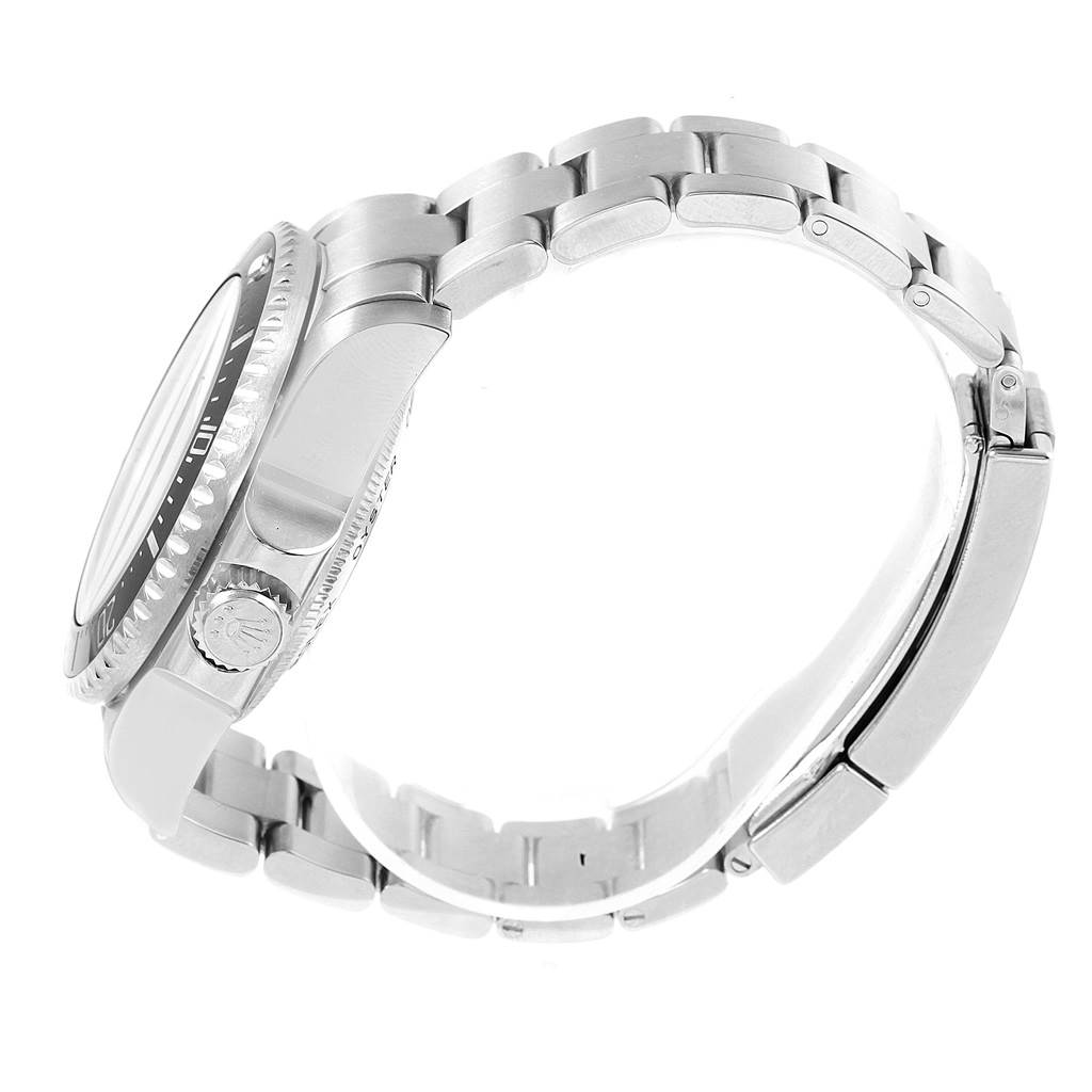 The image shows a side view of the Rolex Sea-Dweller 116660 Men's Stainless Steel Black Dial 116660 Men's Stainless Steel Black Dial watch highlighting the crown, bezel, and part of the bracelet.