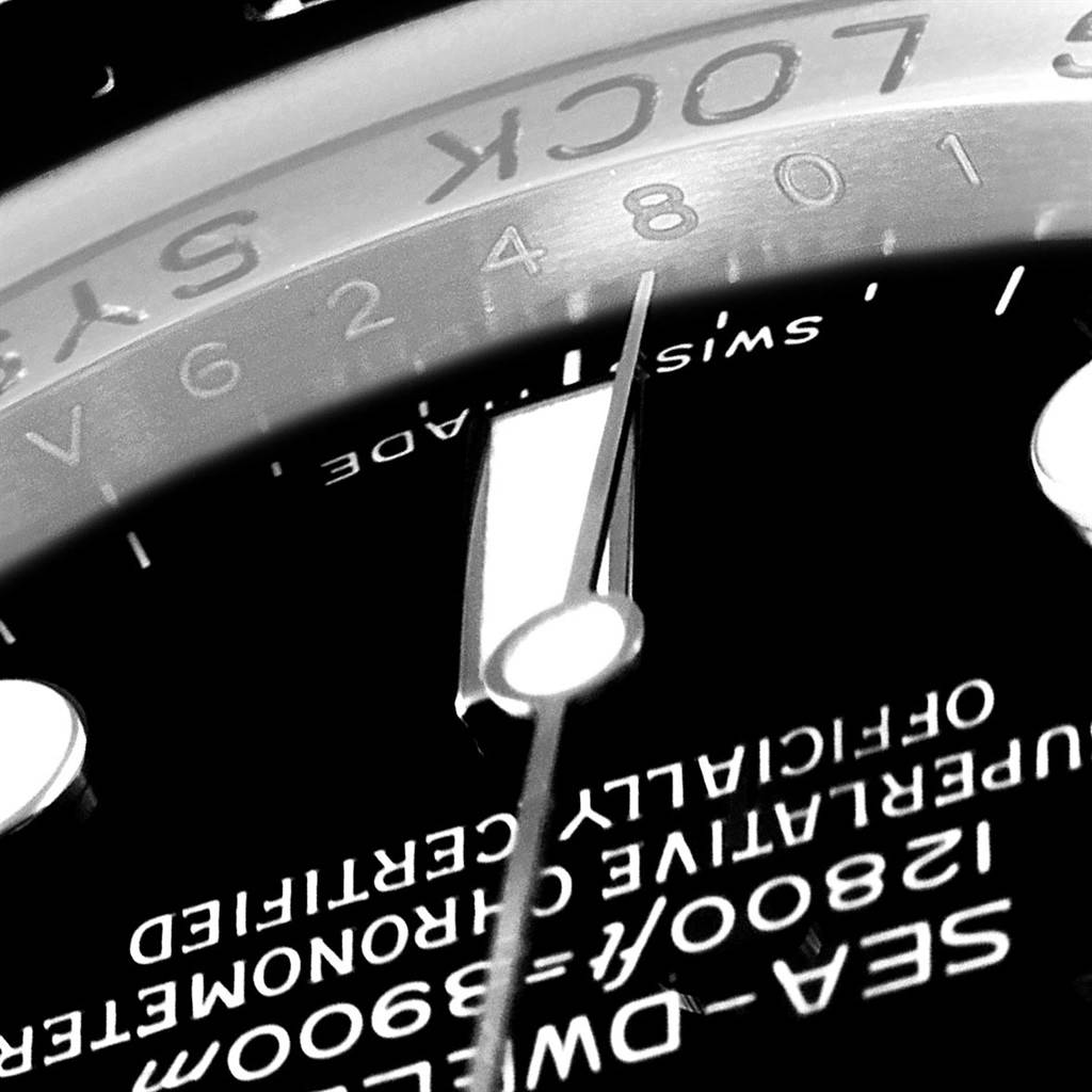 The close-up angle showcases the dial text, hour hand, and part of the bezel of the Rolex Sea-Dweller 116660 Men's Stainless Steel Black Dial 116660 Men's Stainless Steel Black Dial model.