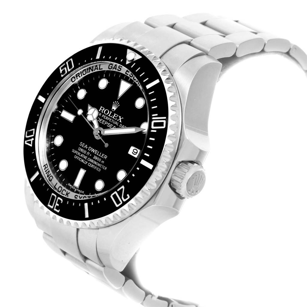The image shows a tilted angle of the Rolex Sea-Dweller 116660 Men's Stainless Steel Black Dial 116660 Men's Stainless Steel Black Dial watch, displaying its dial, bezel, crown, and bracelet.