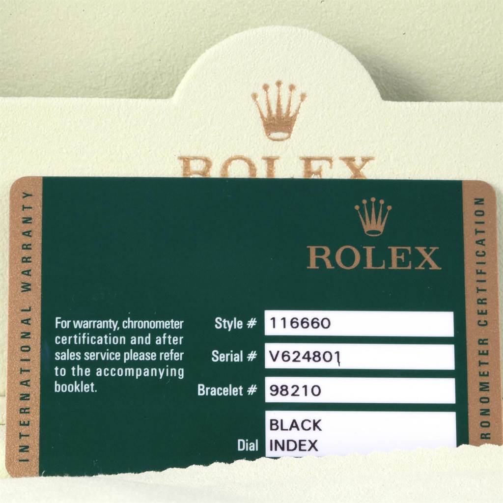 The image shows an international warranty card for the Rolex Sea-Dweller 116660 Men's Stainless Steel Black Dial 116660 Men's Stainless Steel Black Dial model, with details like style, serial, bracelet, and dial information.