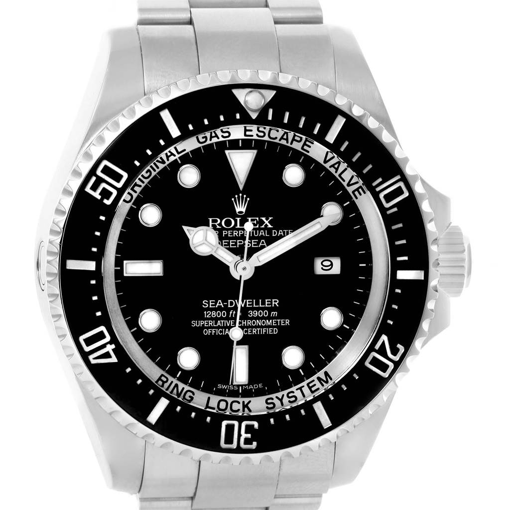 This image shows a front view of the Rolex Sea-Dweller 116660 Men's Stainless Steel Black Dial 116660 Men's Stainless Steel Black Dial watch, highlighting its dial, bezel, and bracelet.