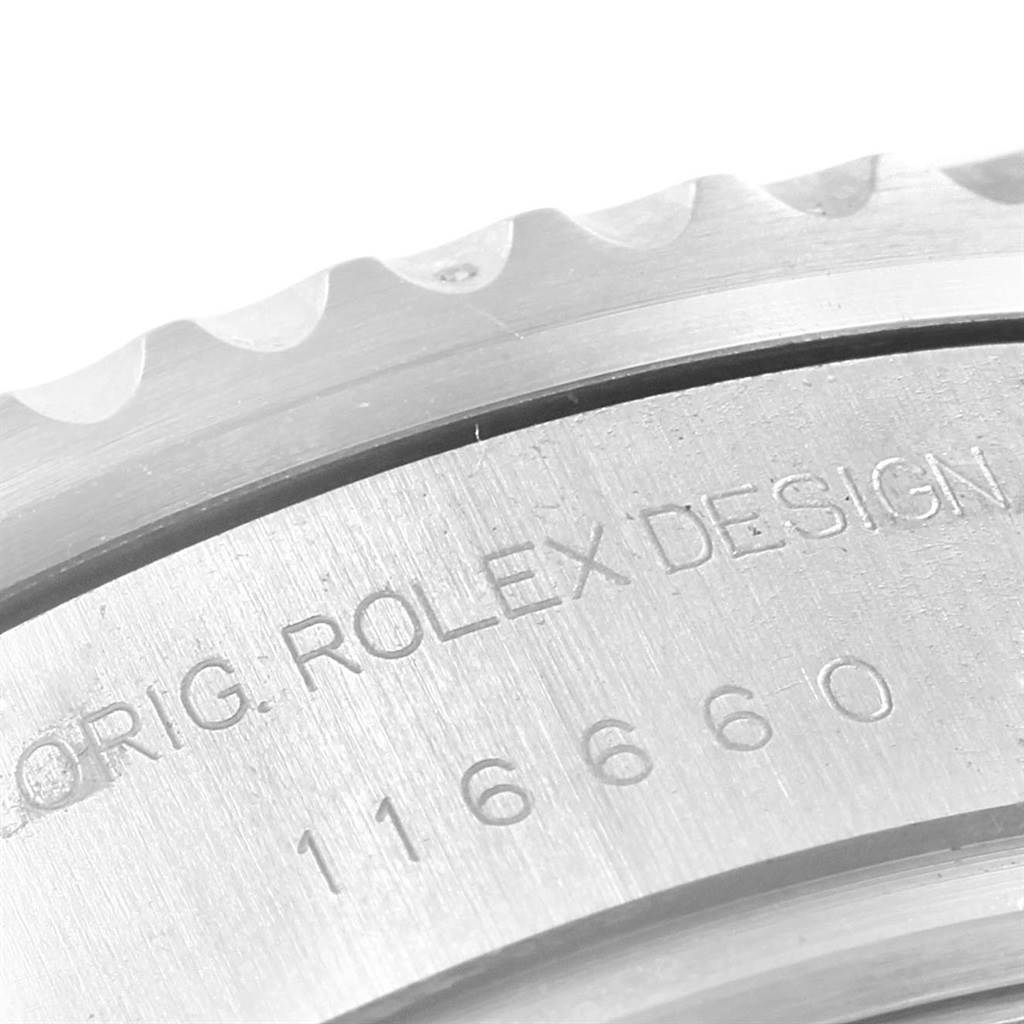 This close-up image showcases the engraved case-back edge of the Rolex Sea-Dweller 116660 Men's Stainless Steel Black Dial 116660 Men's Stainless Steel Black Dial model, displaying the design and model number.