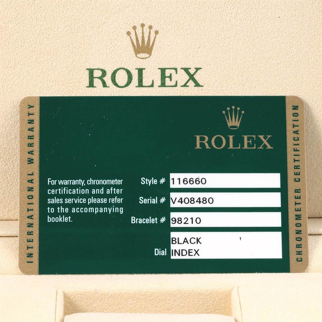 This image shows the International Warranty card for the Rolex Sea-Dweller 116660 Men's Stainless Steel Black Dial 116660 Men's Stainless Steel Black Dial model, including style, serial, and bracelet numbers.