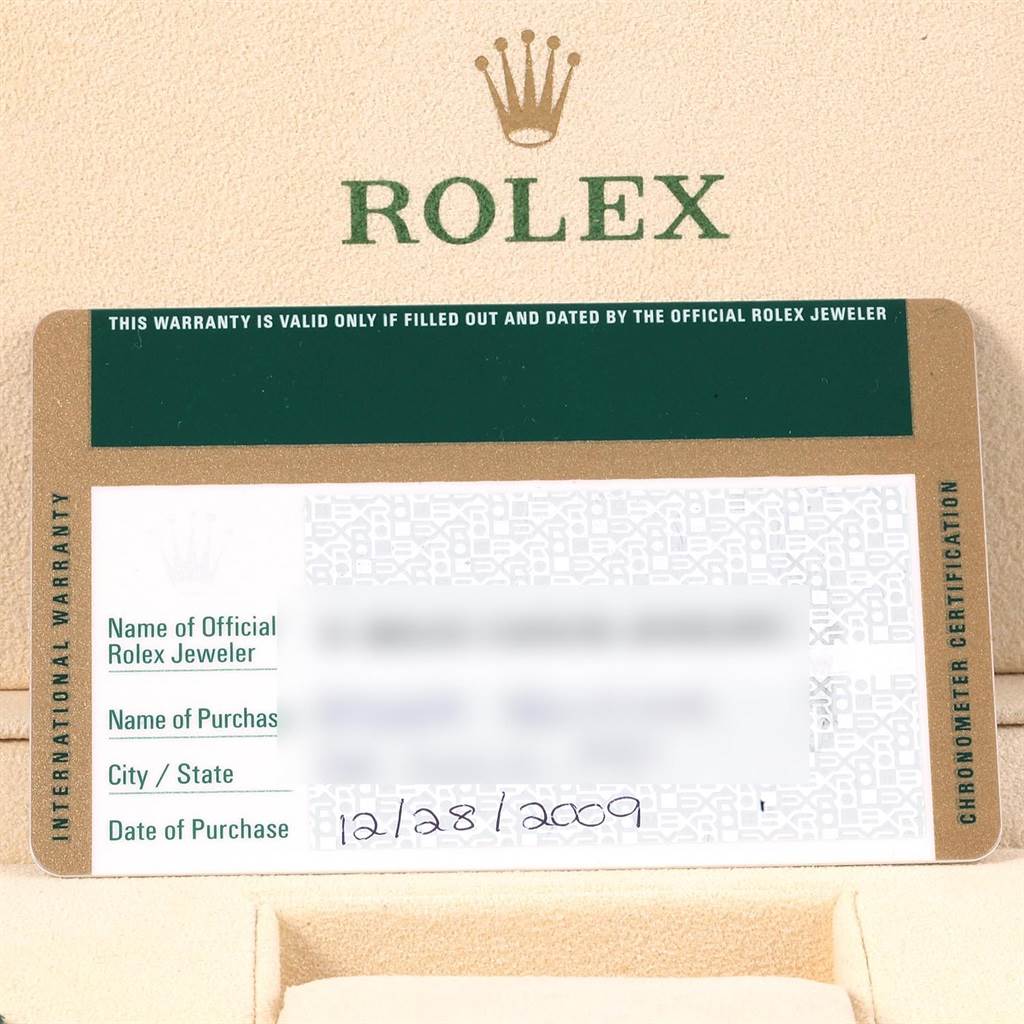 The image shows a warranty card for the Rolex Sea-Dweller 116660 Men's Stainless Steel Black Dial 116660 Men's Stainless Steel Black Dial watch, including details like the purchase date and jeweler information.