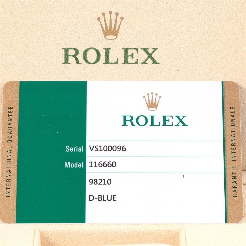 The image shows a warranty card for the Rolex Sea-Dweller 116660 Men's Stainless Steel Blue Dial 116660 Men's Stainless Steel Blue Dial model 116660 in a cream background.