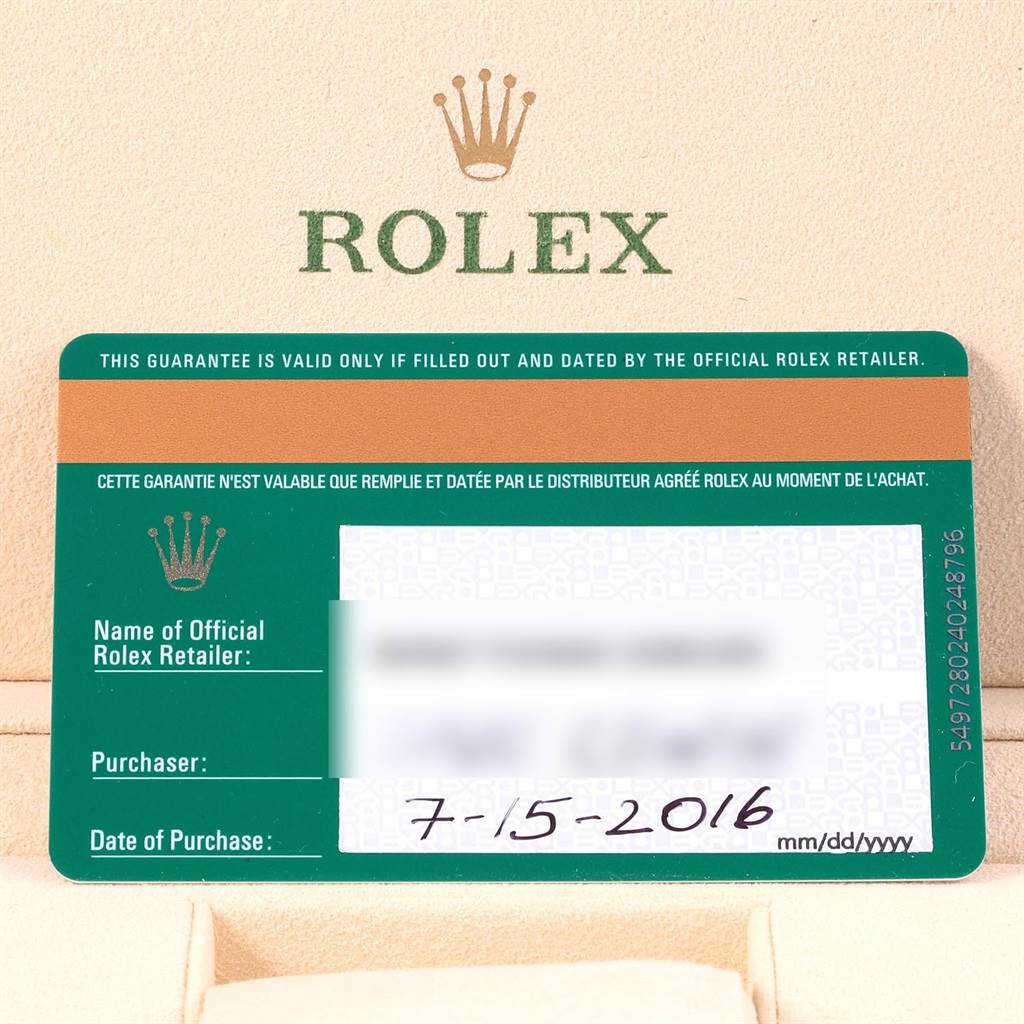 The image shows the guarantee card for the Rolex Sea-Dweller 116660 Men's Stainless Steel Blue Dial 116660 Men's Stainless Steel Blue Dial model, featuring the Rolex logo and purchase details.
