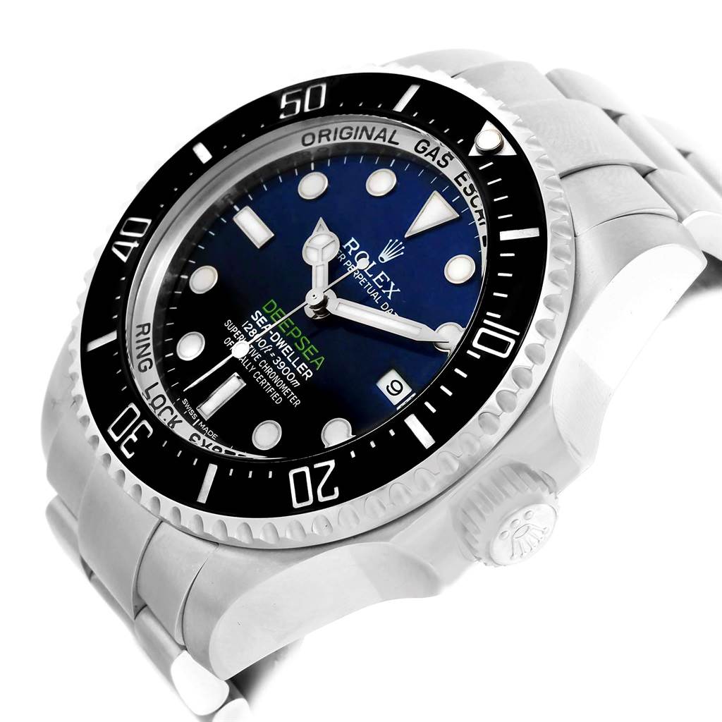 The image shows a side-angle view of the Rolex Sea-Dweller 116660 Men's Stainless Steel Blue Dial 116660 Men's Stainless Steel Blue Dial watch, highlighting the dial, bezel, crown, and bracelet.
