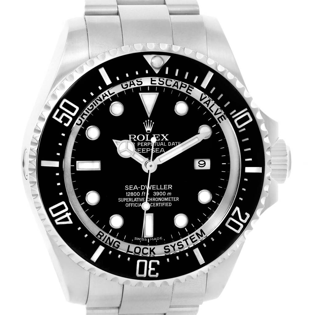 This image shows a front view of the Rolex Sea-Dweller 116660 Men's Stainless Steel Black Dial 116660 Men's Stainless Steel Black Dial watch, highlighting its dial, hands, bezel, and bracelet.