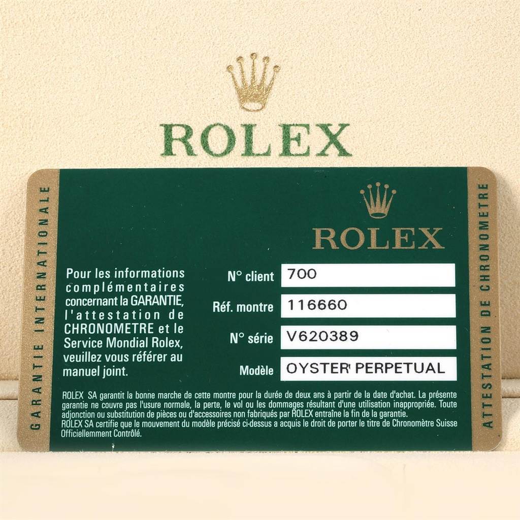 This image shows a warranty and information card for the Rolex Sea-Dweller 116660 Men's Stainless Steel Black Dial 116660 Men's Stainless Steel Black Dial Oyster Perpetual watch model 116660.