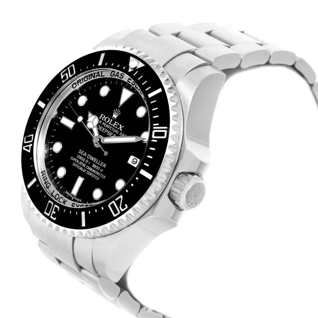 The image shows a side angle of the Rolex Sea-Dweller 116660 Men's Stainless Steel Black Dial 116660 Men's Stainless Steel Black Dial watch, highlighting the bezel, dial, crown, and part of the stainless steel bracelet.