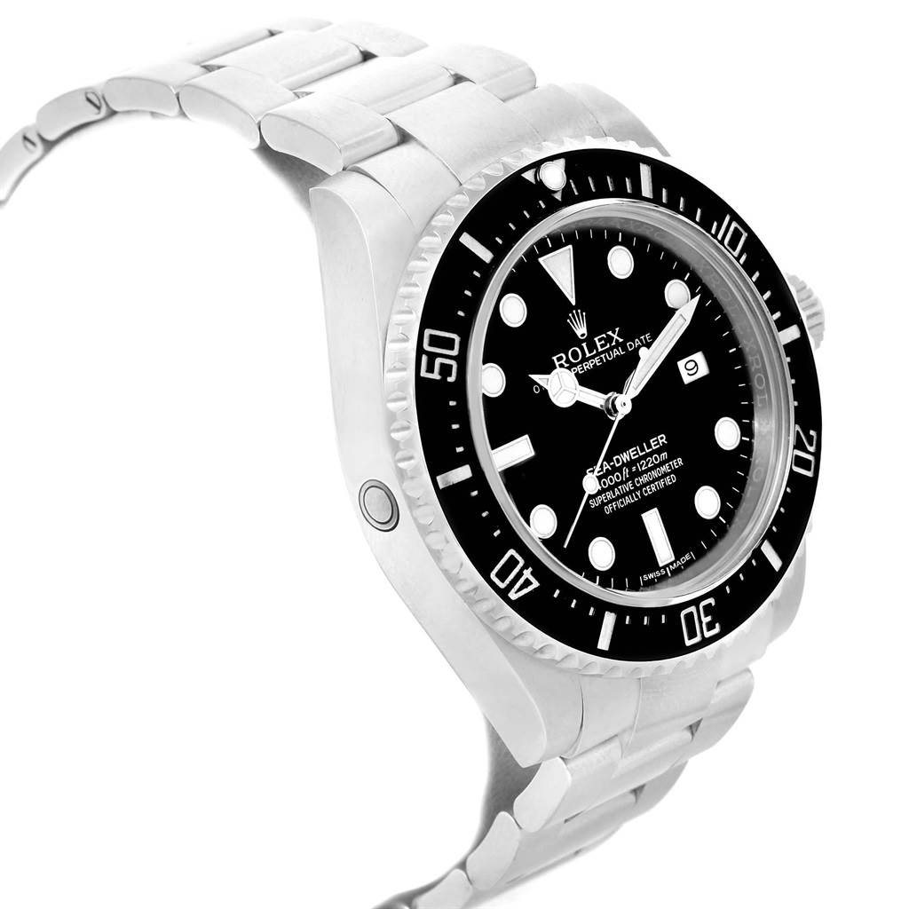 The Rolex Sea-Dweller 116600 Men
s Stainless Steel Black Dial 116600 Men
s Stainless Steel Black Dial watch is shown at an angle displaying the face, bezel, case, and part of the bracelet.