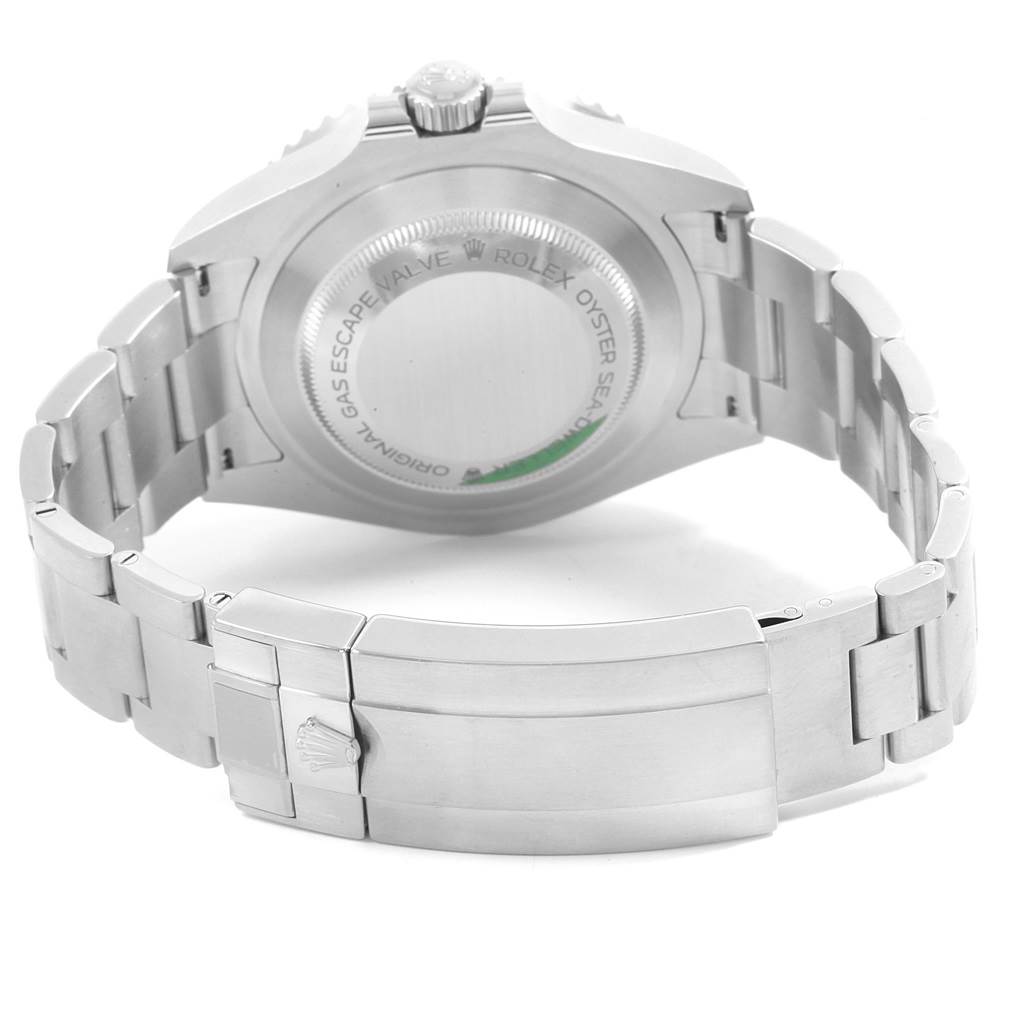 This image shows the back of the Rolex Sea-Dweller 126600 Men
s Stainless Steel Black Dial 126600 Men
s Stainless Steel Black Dial watch, highlighting its case back, crown, and bracelet with clasp.