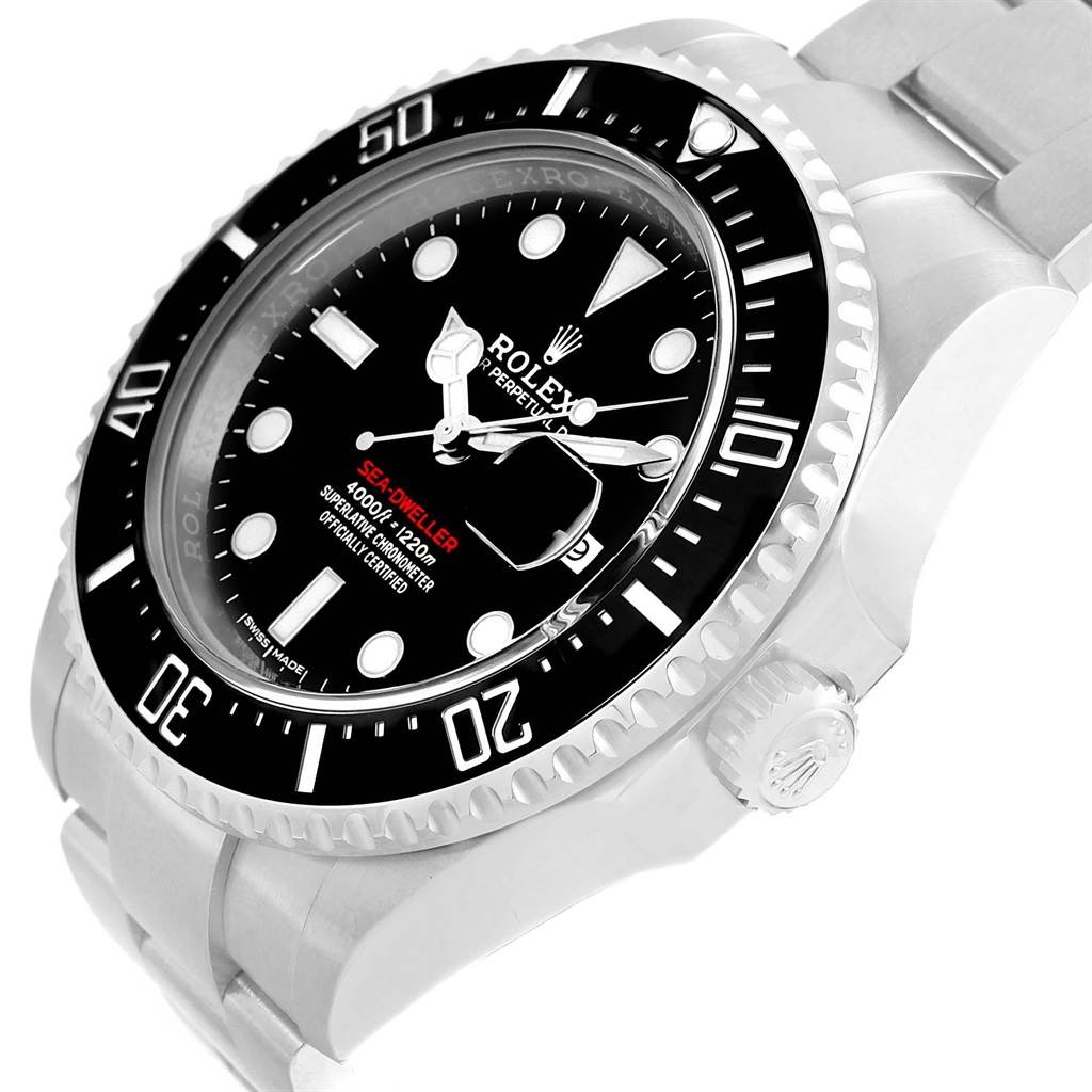 The image shows a side angle of the Rolex Sea-Dweller 126600 Men
s Stainless Steel Black Dial 126600 Men
s Stainless Steel Black Dial watch highlighting the bezel, dial, and part of the bracelet.