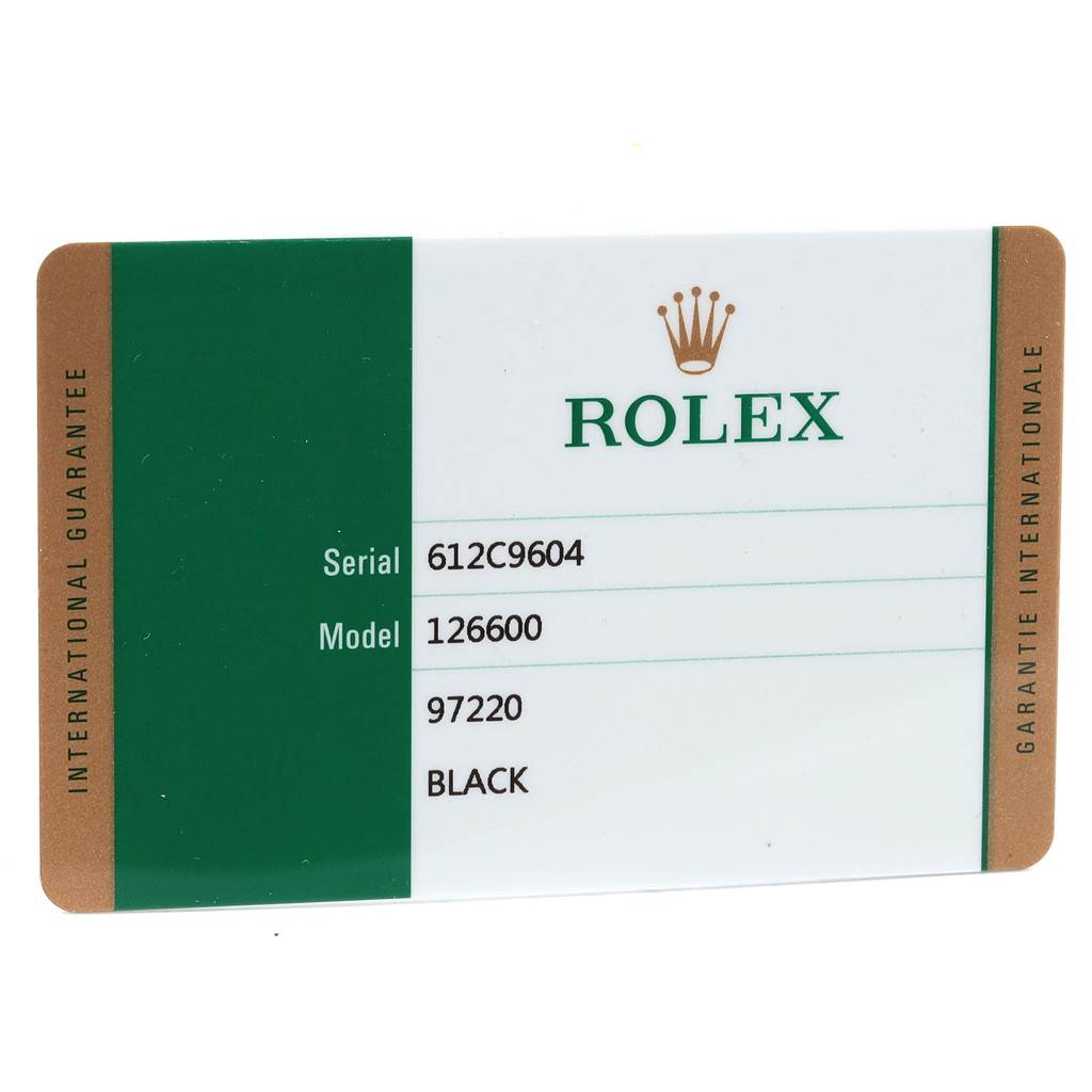 This image shows an international guarantee card for a Rolex Sea-Dweller 126600 Men
s Stainless Steel Black Dial 126600 Men
s Stainless Steel Black Dial model 126600 watch.