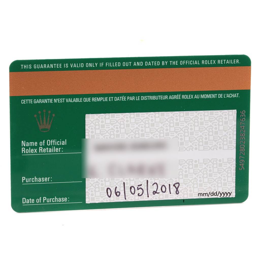 This image shows the warranty card for the Rolex Sea-Dweller 126600 Men
s Stainless Steel Black Dial 126600 Men
s Stainless Steel Black Dial watch model, with fields for the retailer, purchaser, and date of purchase.