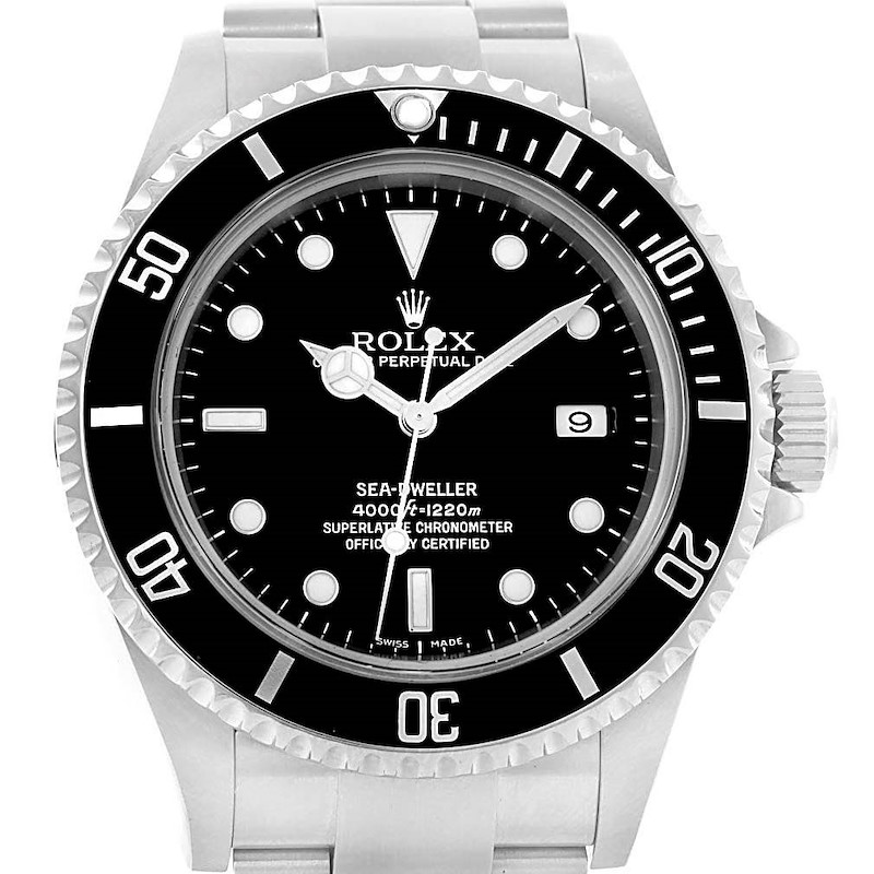 The image shows a front view of the Rolex Sea-Dweller watch, highlighting its black dial, bezel, and bracelet.