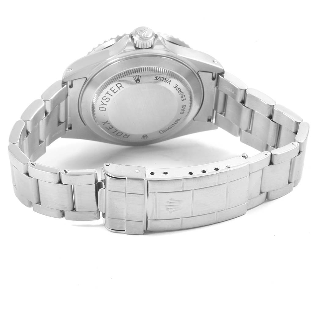 The image shows a rear angle of a Rolex Sea-Dweller 16600 Men
s Stainless Steel Black Dial 16600 Men
s Stainless Steel Black Dial watch, highlighting the case back and stainless-steel bracelet with the clasp open.