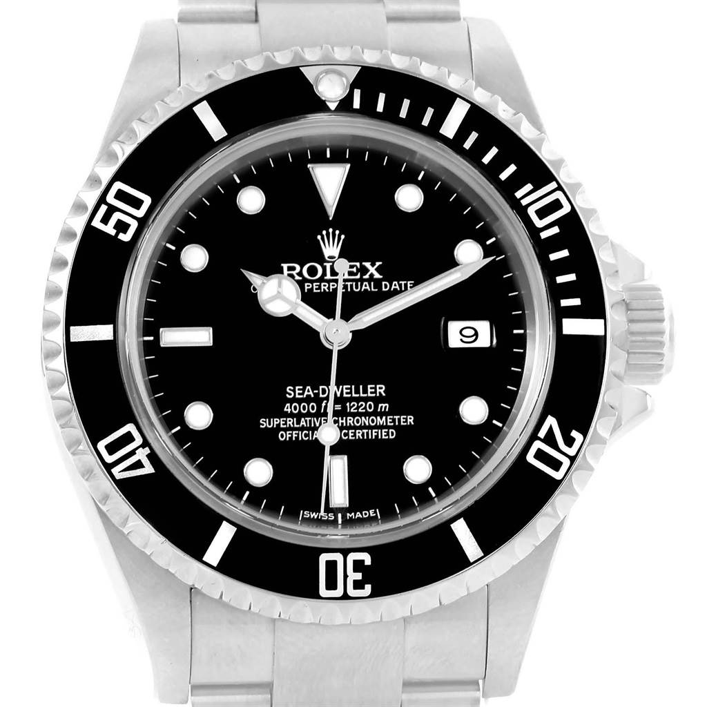 This image shows a front view of the Rolex Sea-Dweller 16600 Men
s Stainless Steel Black Dial 16600 Men
s Stainless Steel Black Dial watch highlighting its dial, bezel, and bracelet.