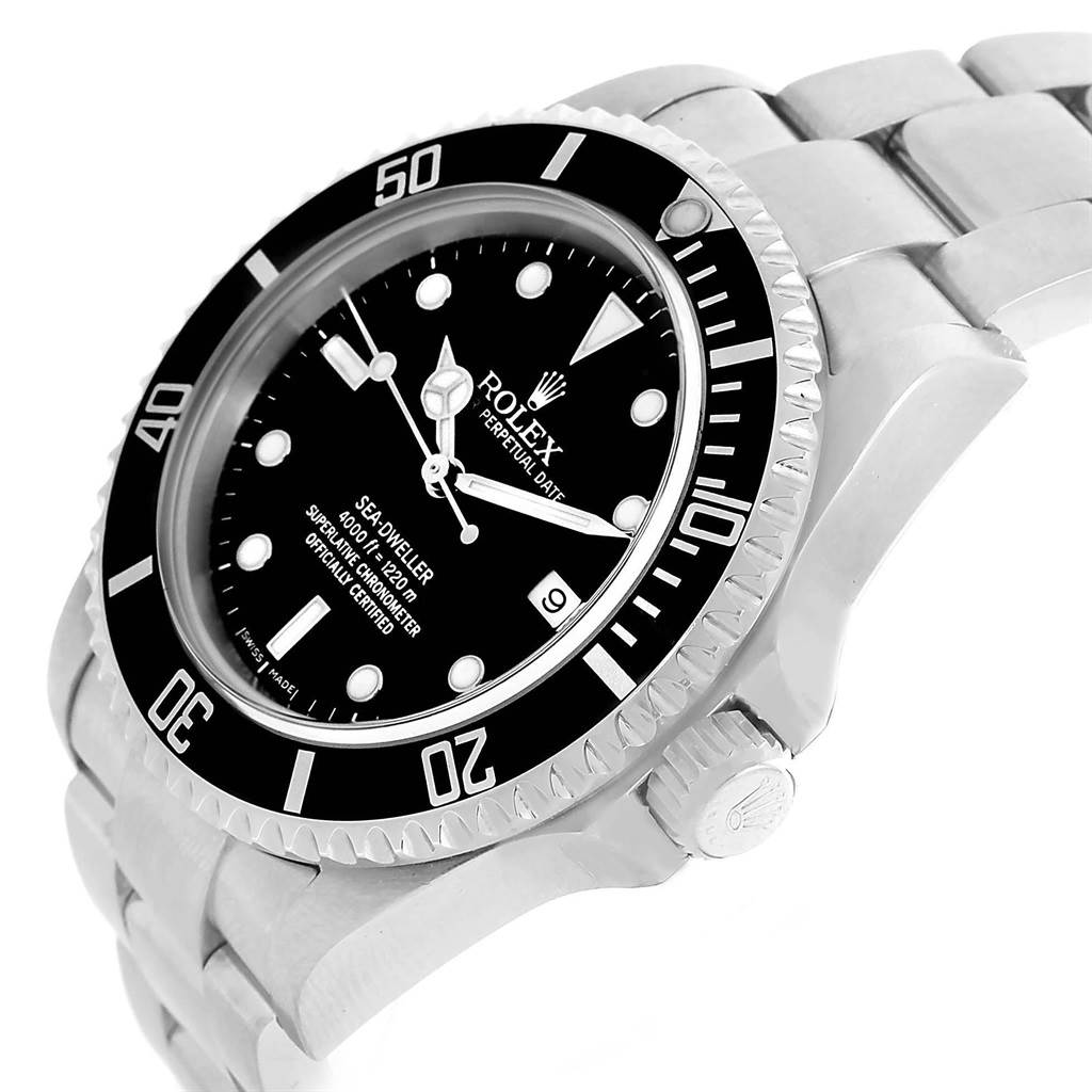 The Rolex Sea-Dweller 16600 Men
s Stainless Steel Black Dial 16600 Men
s Stainless Steel Black Dial watch is shown at a slight angle, displaying the face, bezel, and part of the bracelet and crown.