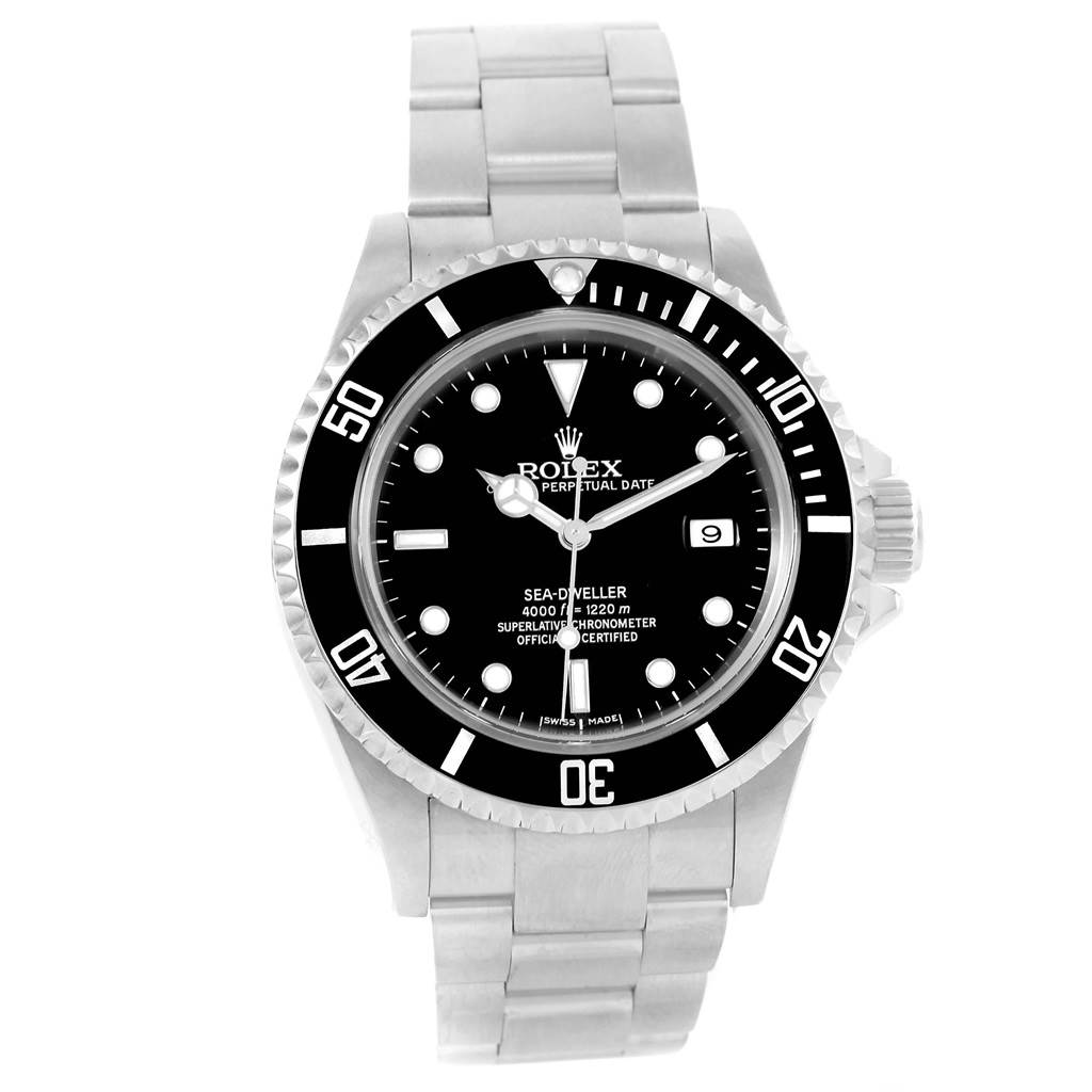 The image shows a front view of a Rolex Sea-Dweller 16600 Men
s Stainless Steel Black Dial 16600 Men
s Stainless Steel Black Dial watch displaying the dial, bezel, hands, and part of the bracelet.