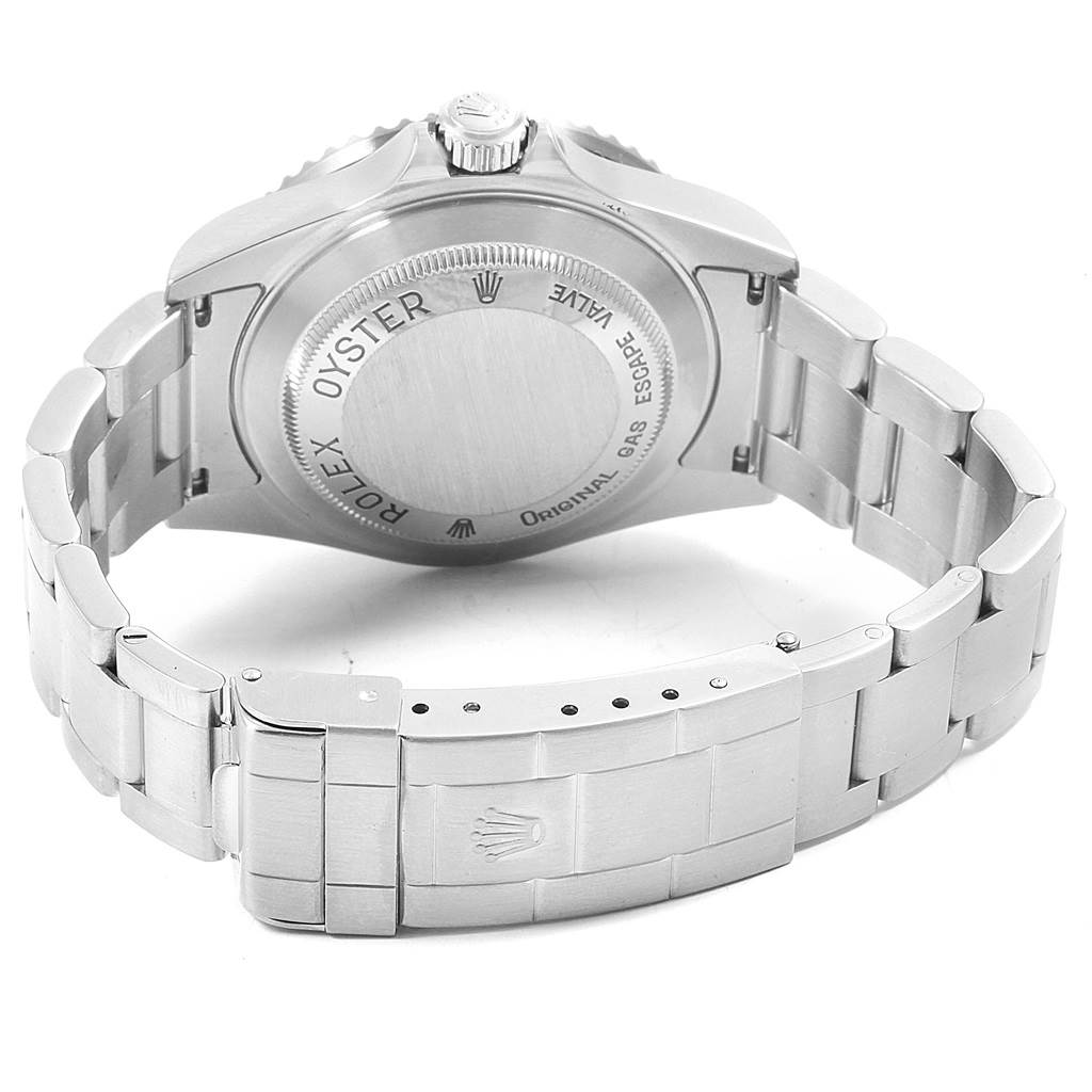 The image shows the back view of a Rolex Sea-Dweller 16600 Men
s Stainless Steel Black Dial 16600 Men
s Stainless Steel Black Dial, highlighting the case back, bracelet, and clasp.