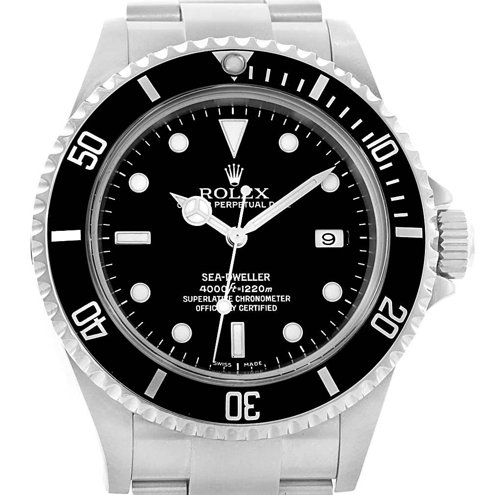 The image shows a front view of a Rolex Sea-Dweller 16600 Men
s Stainless Steel Black Dial 16600 Men
s Stainless Steel Black Dial watch, displaying the dial, bezel, bracelet, and crown.
