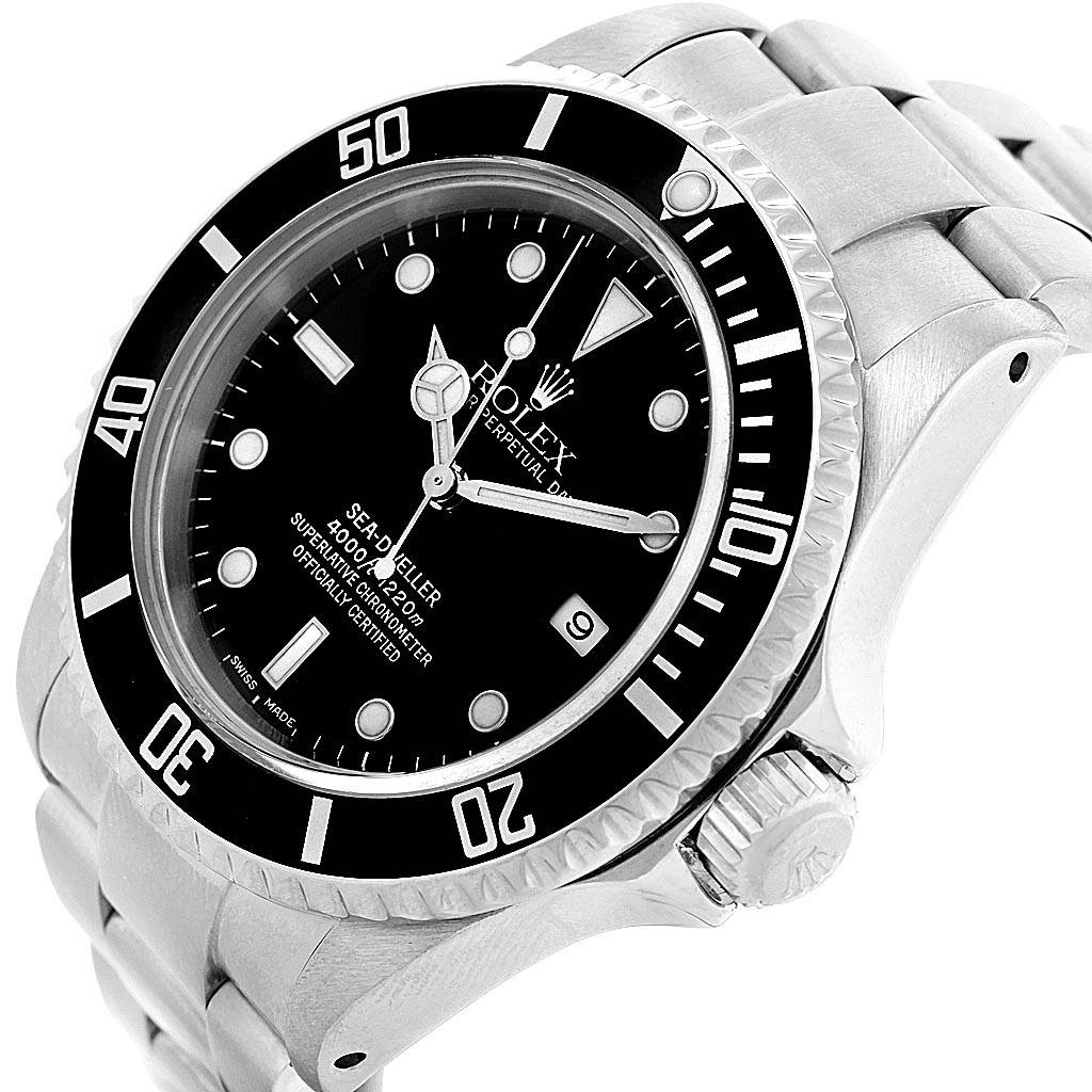 The image shows the front and right side of the Rolex Sea-Dweller 16600 Men
s Stainless Steel Black Dial 16600 Men
s Stainless Steel Black Dial watch, focusing on the dial, bezel, crown, and part of the bracelet.