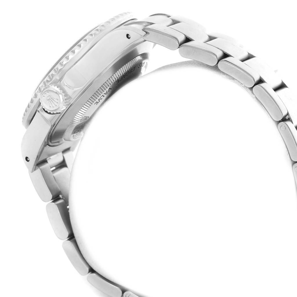 The image shows a side view of the Rolex Sea-Dweller 16600 Men
s Stainless Steel Black Dial 16600 Men
s Stainless Steel Black Dial, highlighting the crown, bezel, and part of the bracelet.