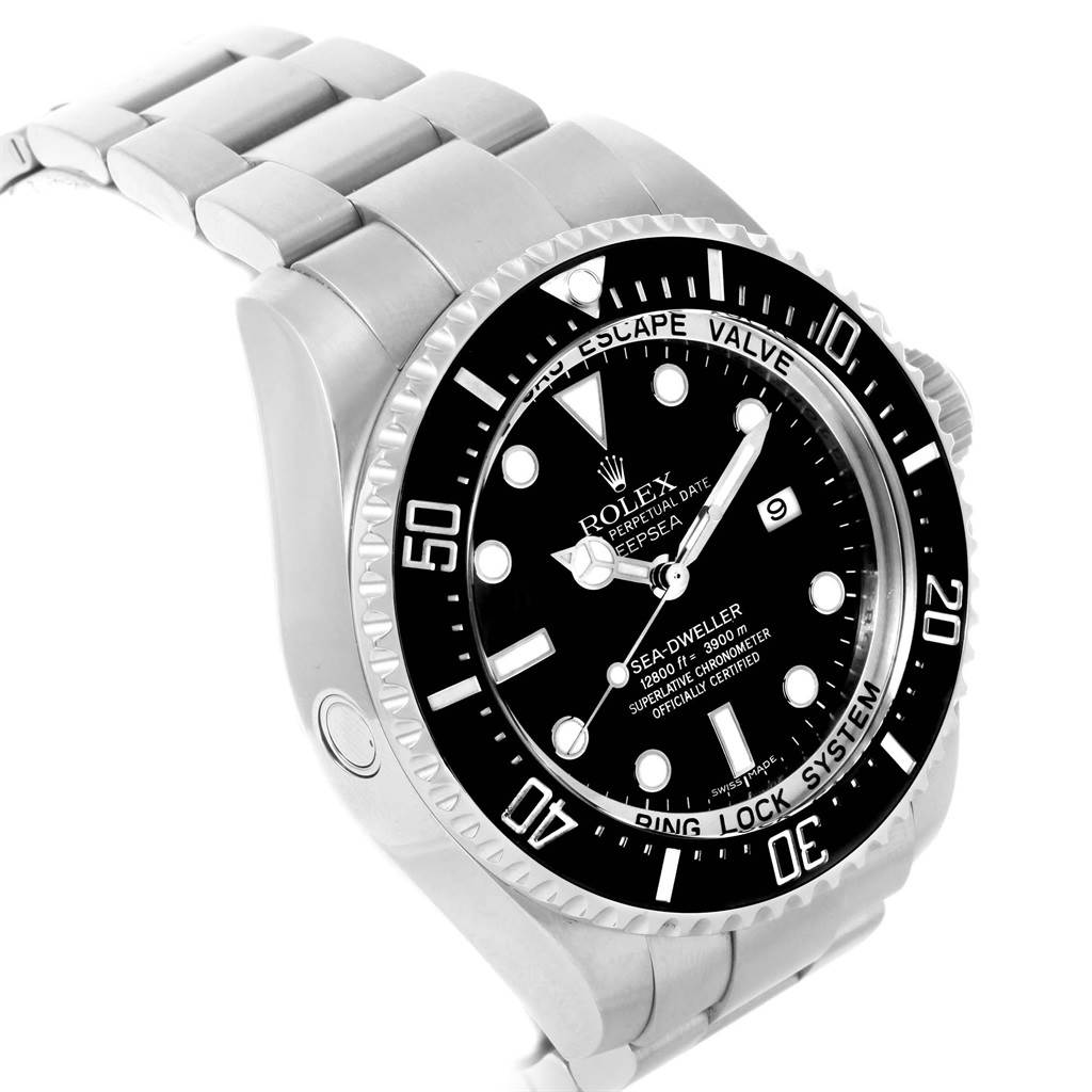 The image shows a top-side view of the Rolex Sea-Dweller 116660 Men
s Stainless Steel Black Dial 116660 Men
s Stainless Steel Black Dial watch, highlighting its bezel, dial, and part of the bracelet.