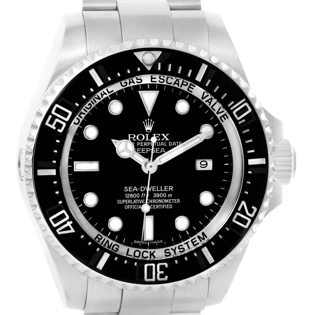 This image shows a front view of the Rolex Sea-Dweller 116660 Men
s Stainless Steel Black Dial 116660 Men
s Stainless Steel Black Dial watch, displaying the dial, bezel, and part of the bracelet.