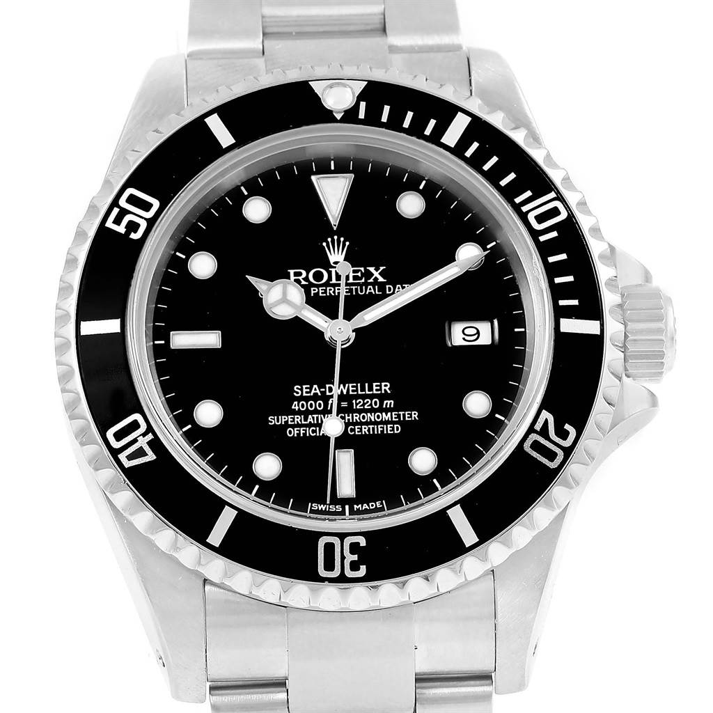 The image shows a front view of a Rolex Sea-Dweller 16600 Men
s Stainless Steel Black Dial 16600 Men
s Stainless Steel Black Dial watch, highlighting its bezel, dial, hands, and part of the bracelet.