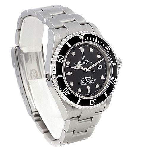 The image shows a Rolex Sea-Dweller 16600 Men's Stainless Steel Black Dial 16600 Men's Stainless Steel Black Dial watch at a slight angle, displaying the face, bezel, crown, and part of the bracelet.