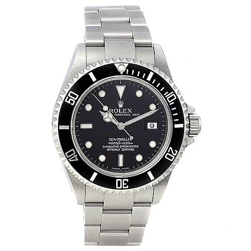 This image shows a front view of a Rolex Sea-Dweller 16600 Men's Stainless Steel Black Dial 16600 Men's Stainless Steel Black Dial watch highlighting its face, bezel, and stainless steel bracelet.