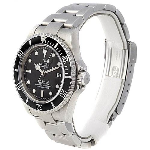 The image shows a Rolex Sea-Dweller 16600 Men's Stainless Steel Black Dial 16600 Men's Stainless Steel Black Dial watch from a three-quarter angle highlighting the face, bezel, crown, and part of the bracelet.