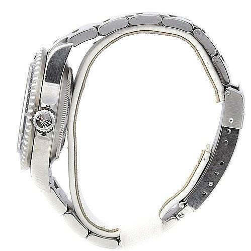 The image shows a side view of a Rolex Sea-Dweller 16600 Men's Stainless Steel Black Dial 16600 Men's Stainless Steel Black Dial watch, highlighting its case, bezel, crown, and bracelet.