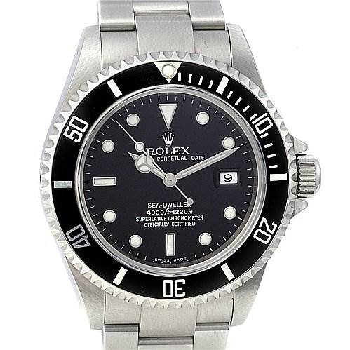 The image shows a front angle view of the Rolex Sea-Dweller 16600 Men's Stainless Steel Black Dial 16600 Men's Stainless Steel Black Dial watch, displaying its dial, bezel, and stainless steel strap.