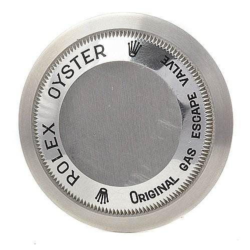 The image shows the case back of a Rolex Sea-Dweller 16600 Men's Stainless Steel Black Dial 16600 Men's Stainless Steel Black Dial watch, highlighting the "Oyster" and "Original Gas Escape Valve" engravings.