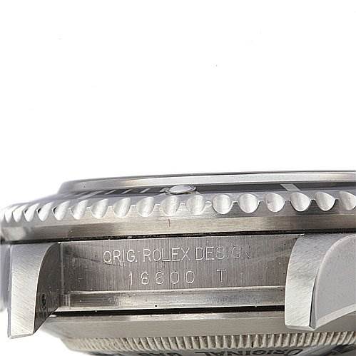 This image shows a close-up side view of the bezel and case of a Rolex Sea-Dweller 16600 Men's Stainless Steel Black Dial 16600 Men's Stainless Steel Black Dial watch, displaying the "Orig Rolex Design" engraving and model number.